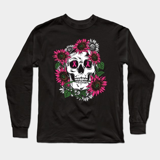 breast cancer pink sunflower skull Long Sleeve T-Shirt by TeesCircle